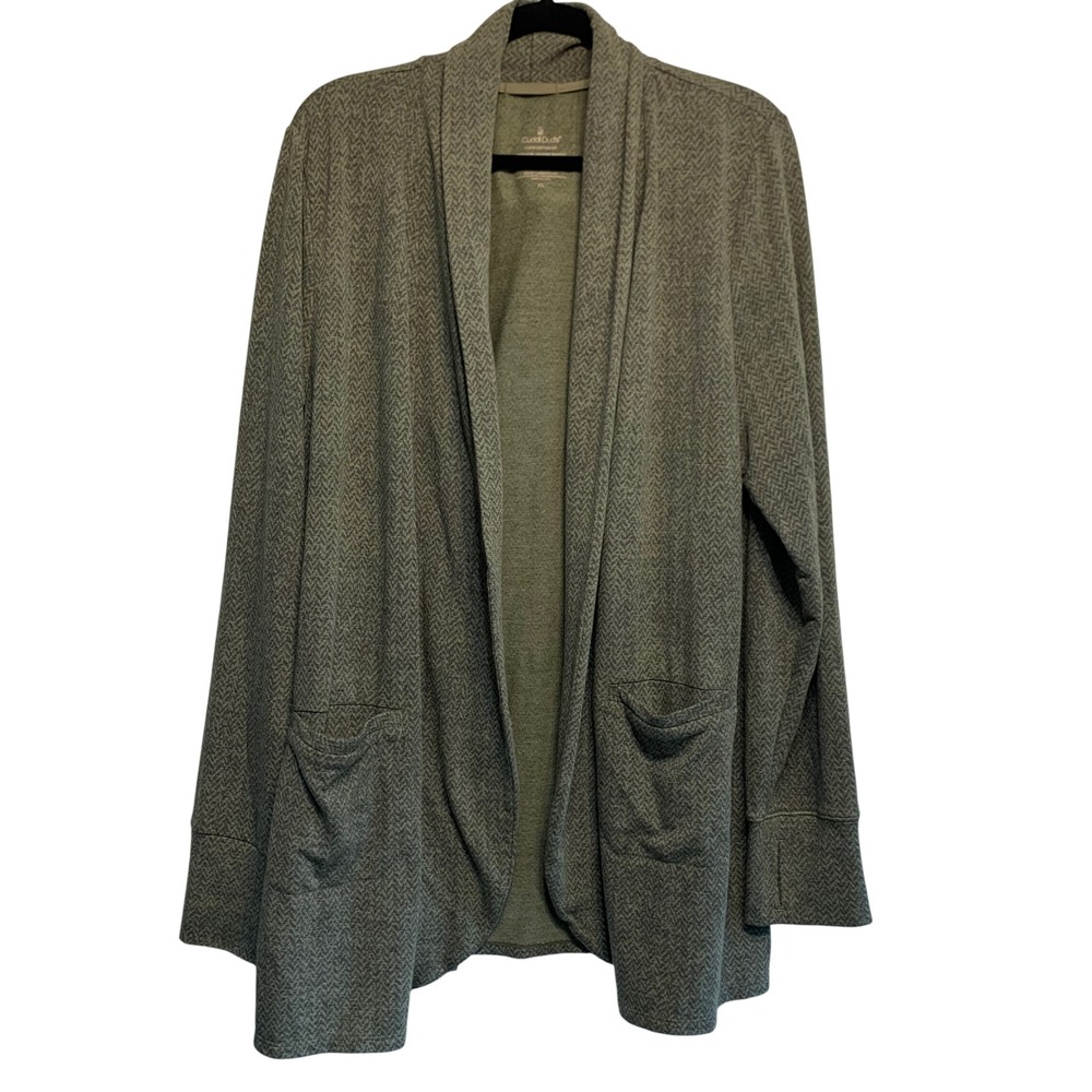 Cuddl Duds Cardigan XL Green Herringbone Thumbhole Comfortwear Open Front Cozy